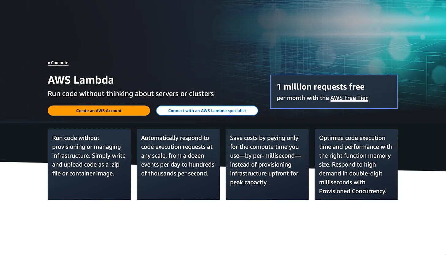 Screenshot of AWS Lambda homepage as an example of good developer marketing