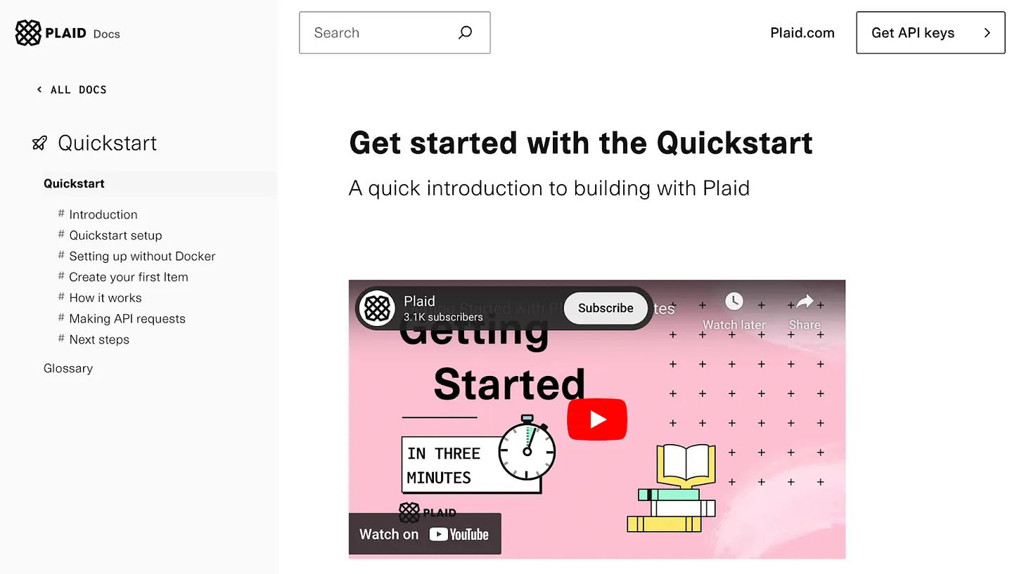 Screenshot of Plaid's quickstart guide in their API documentation