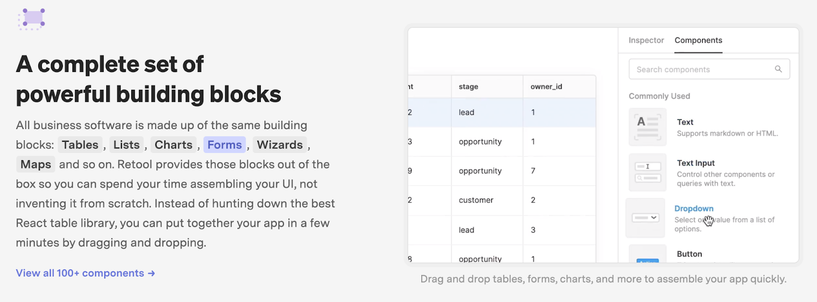 ReTool's homepage, showcasing drag and drop functionality of their product