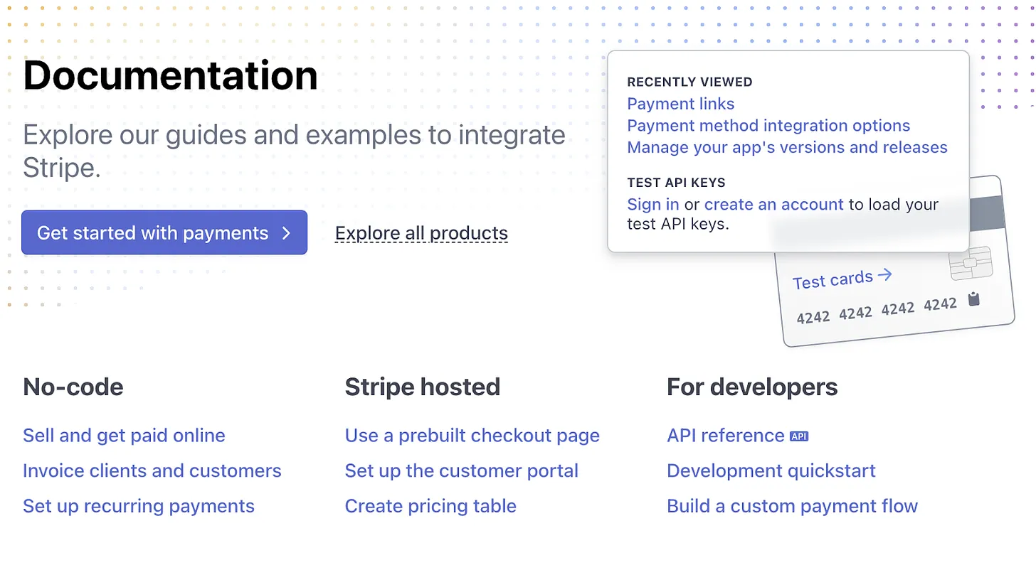 A screenshot of one of Stripe's documentation pages, showing guides categorized by No-code, Stripe hosted, and For developers