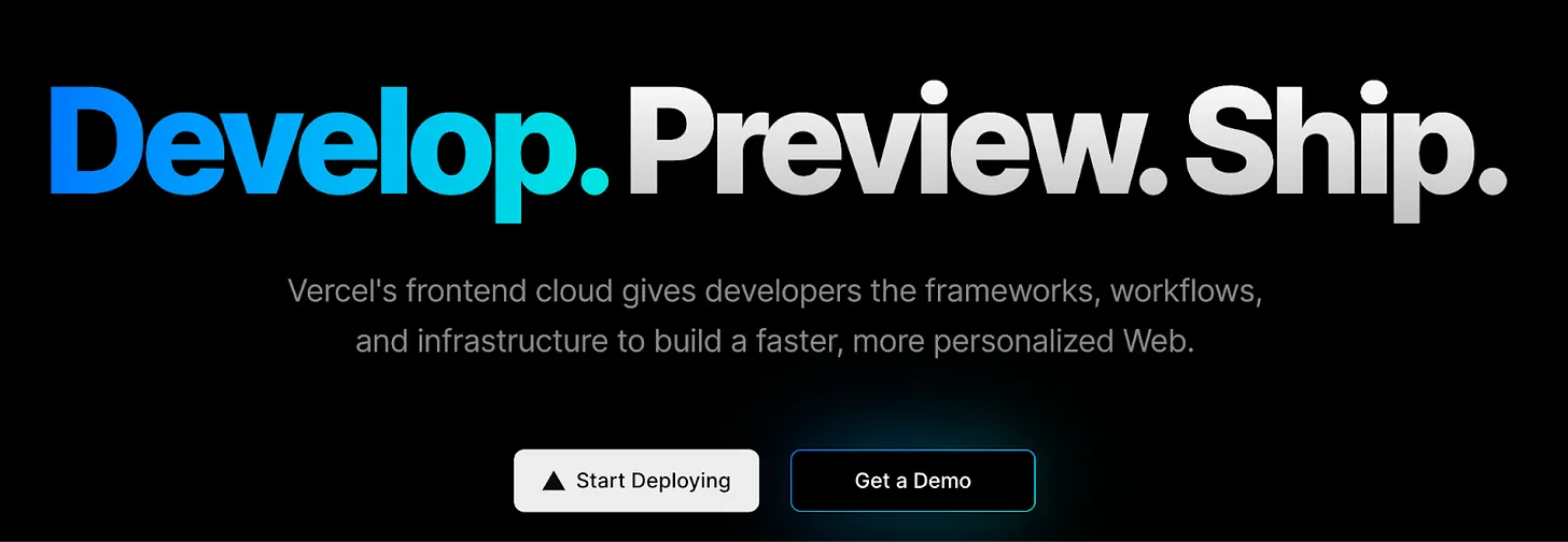 Screenshot of Vercel's homepage copy, which focuses on benefits to developers