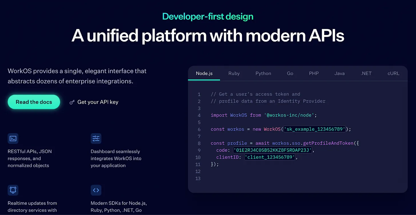 Screenshot of WorkOS's API-focused homepage copy