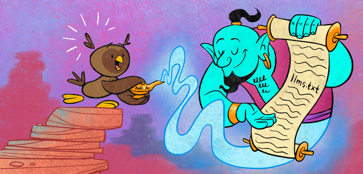Owlbert rubbing a magic lamp and a genie provides a scroll with llms.txt written on it